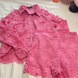 Beulah Pink Lace Jacket & Skirt Set